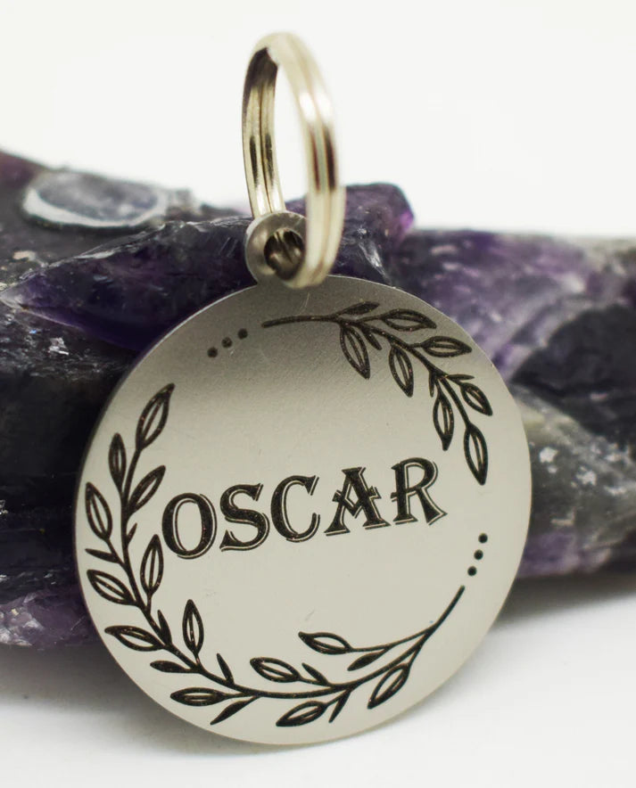 Tags Double side engraved ID name Flower Design Round Disk personalising engraving pet dog cat tag tags- 5 Colours to choose from
