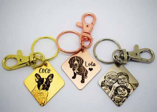 Double side engraved Diamond Shape Gift Personalised Keyring design photo engraved Family Pet Dog Cat Sketch Draw Style